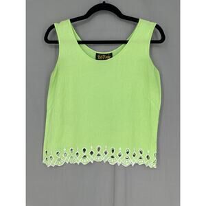 90s Vintage Top Womens XS Green Linen Eyelet Lime Bright Summer Boho Bohemian
